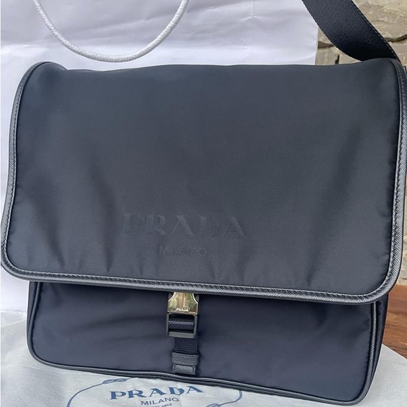 Prada Navy Blue Tessuto Nylon Saffiano Leather Messenger  Bag - Picture 1 of 10